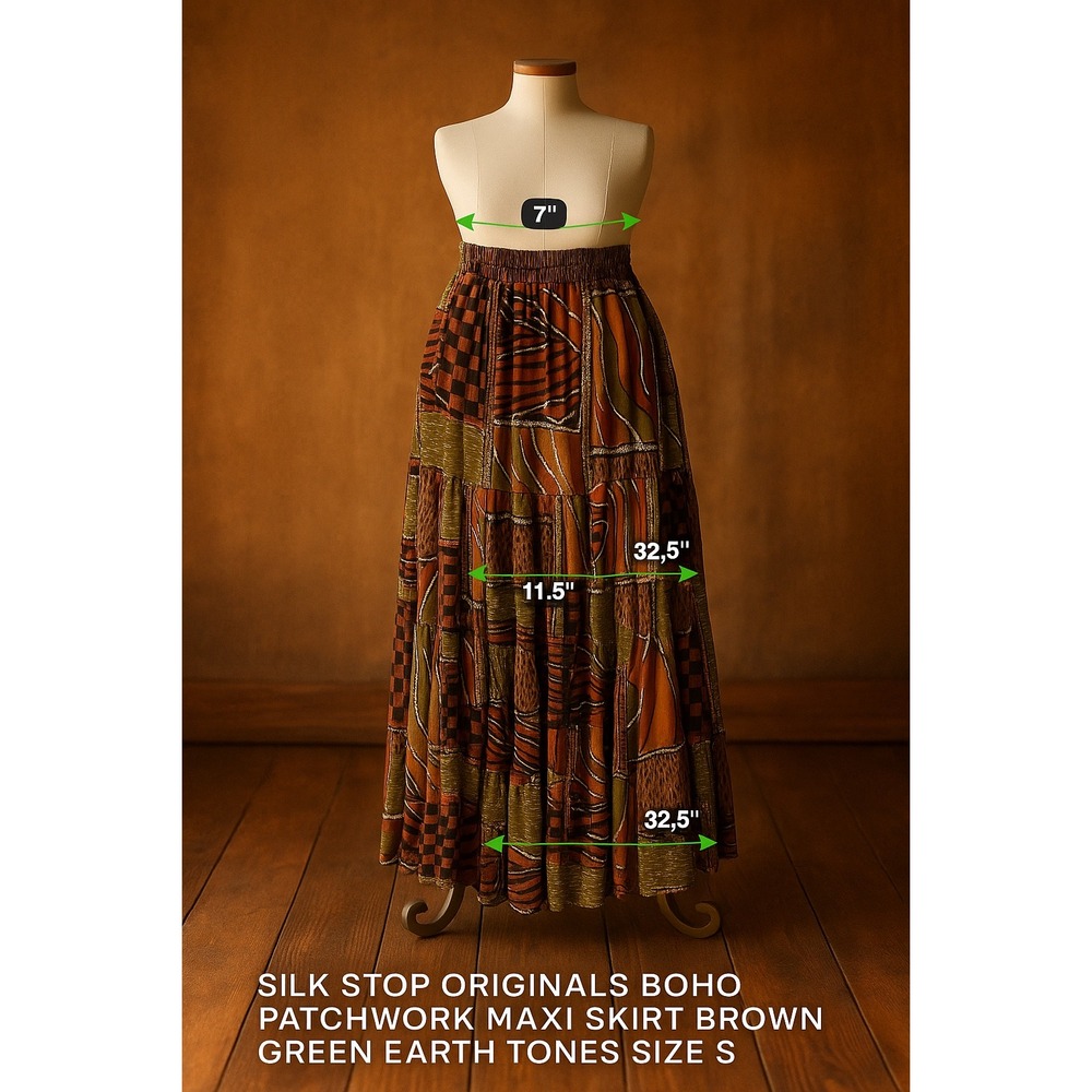 Silk Stop Originals Boho Patchwork Maxi Skirt Brown Green Earth Tones Size S